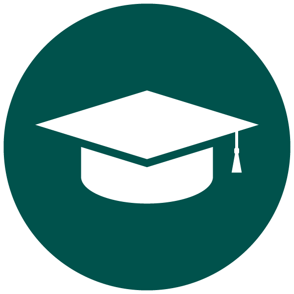 Icon of a white graduation cap on a dark green circular background.