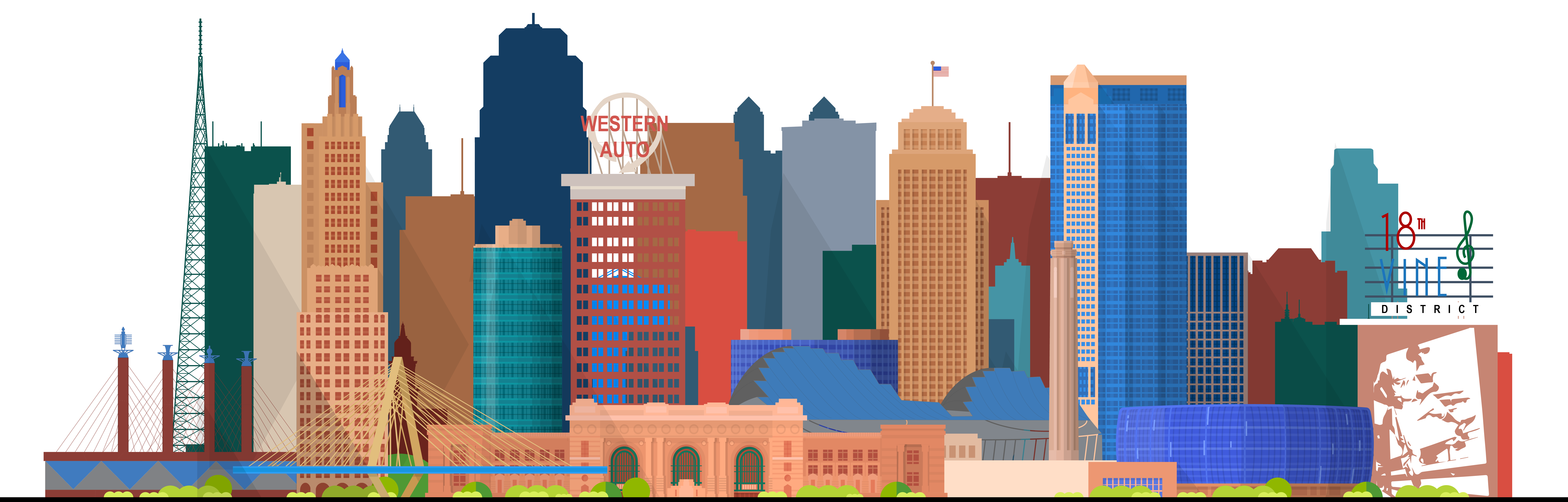 Illustration of a city skyline featuring various tall buildings, including a structure with a Western Auto sign and a convention center in the foreground. The skyline shows diverse architectural styles.