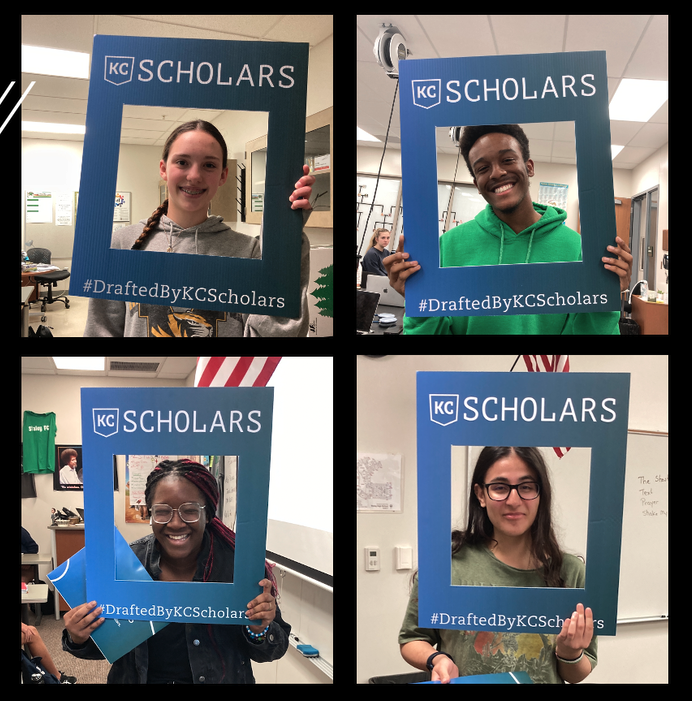 Four individuals hold blue frames labeled "KC Scholars" with the hashtag #DraftedByKCScholars. Each person stands in a different setting, smiling at the camera.