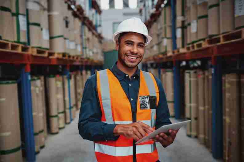 A man wearing a hard hat and reflective safety vest stands in a warehouse, smiling and holding a tablet. Multiple rows of large cylindrical containers are visible in the background.