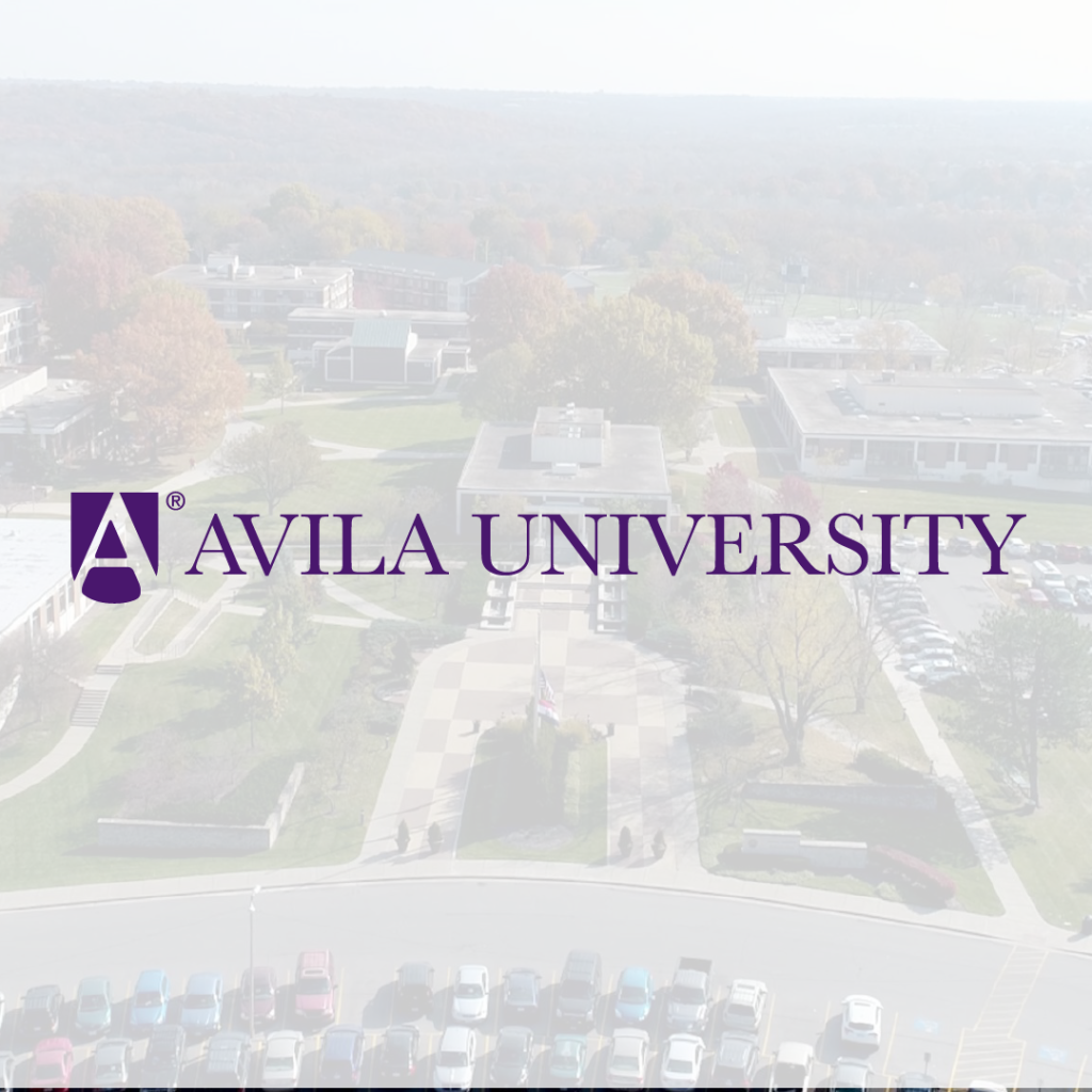 Aerial view of Avila University campus with the university name and logo prominently displayed in the center. Buildings and parking lots are visible, surrounded by trees with autumn foliage, highlighting a vibrant environment perfect for students seeking scholarships or job opportunities.