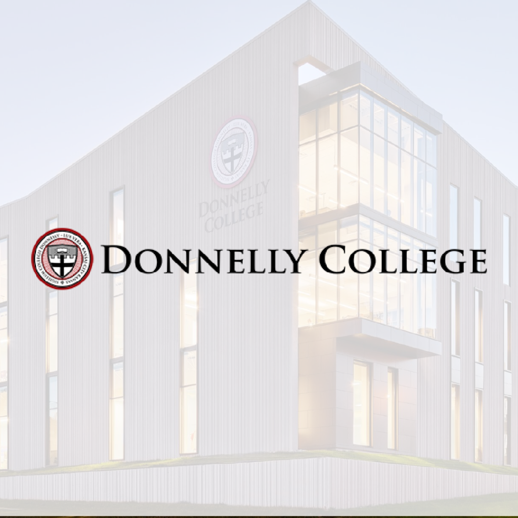 Exterior view of a modern multi-story building with large windows, bearing the Donnelly College name and logo, highlighting opportunities for scholarship and careers.
