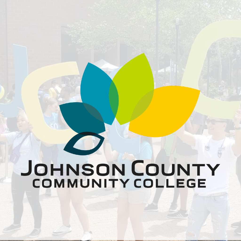 Logo of Johnson County Community College overlaid on a faded background image of students holding large colored letters, forming the abbreviation "JCCC," highlighting their commitment to jobs and scholarships.