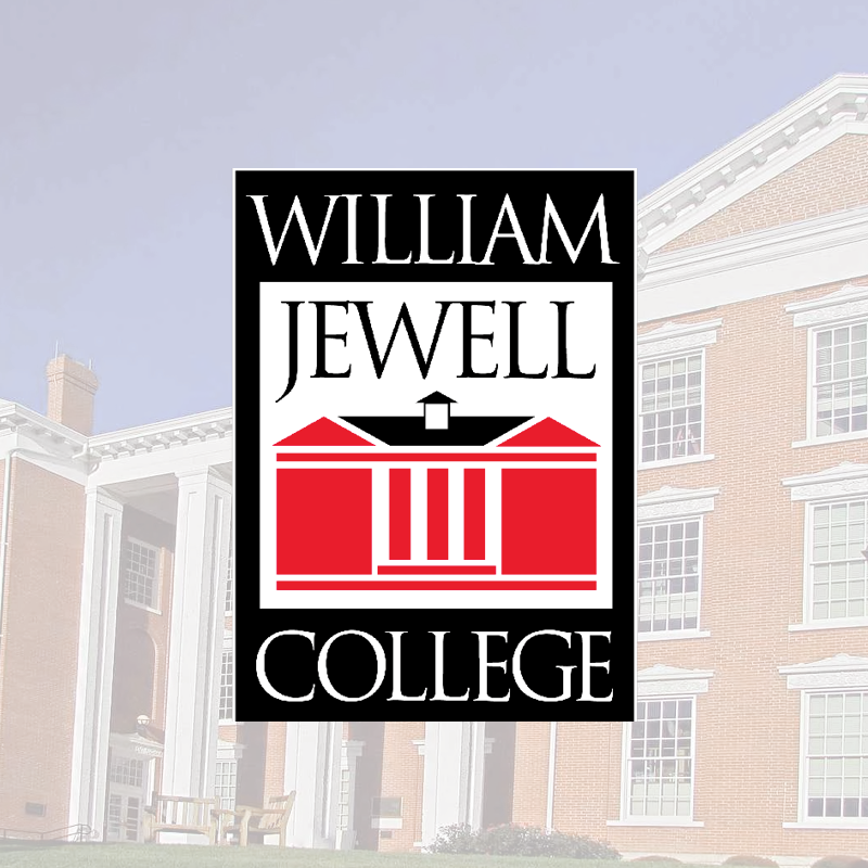 Logo of William Jewell College featuring an illustration of a red building, superimposed on a background image of a brick campus building, symbolizing the institution’s commitment to providing scholarships.