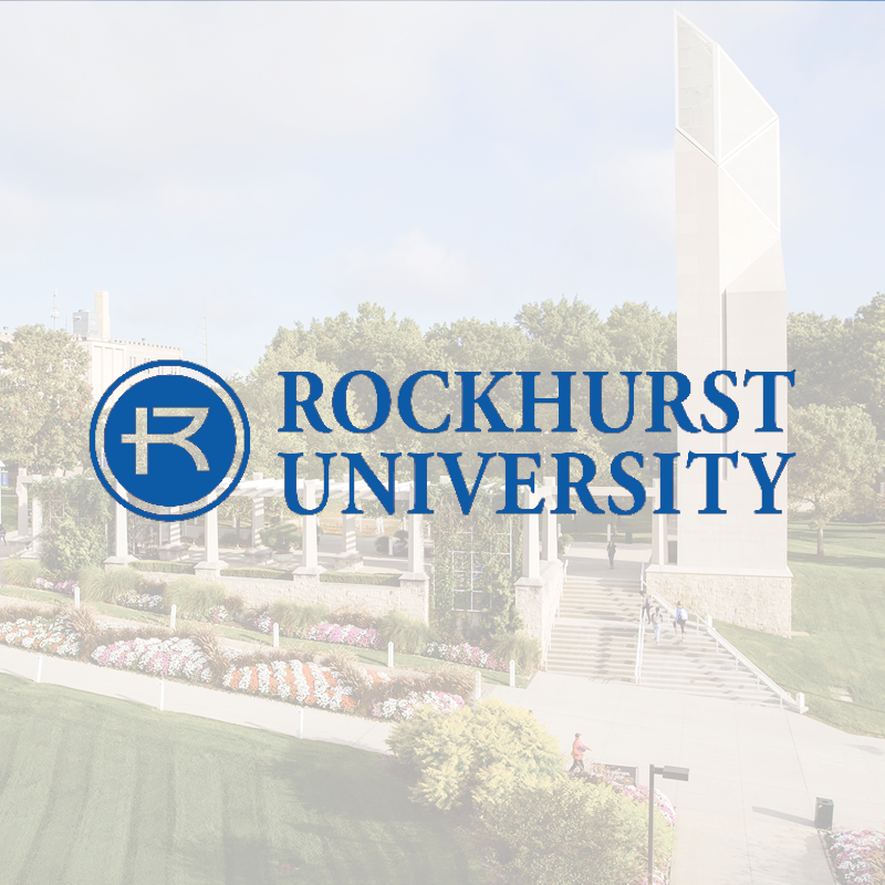 Rockhurst University logo overlaid on an image showing a landscaped campus with walkways, trees, and a tall concrete structure, highlighting an environment where students can pursue scholarships and prepare for promising careers.