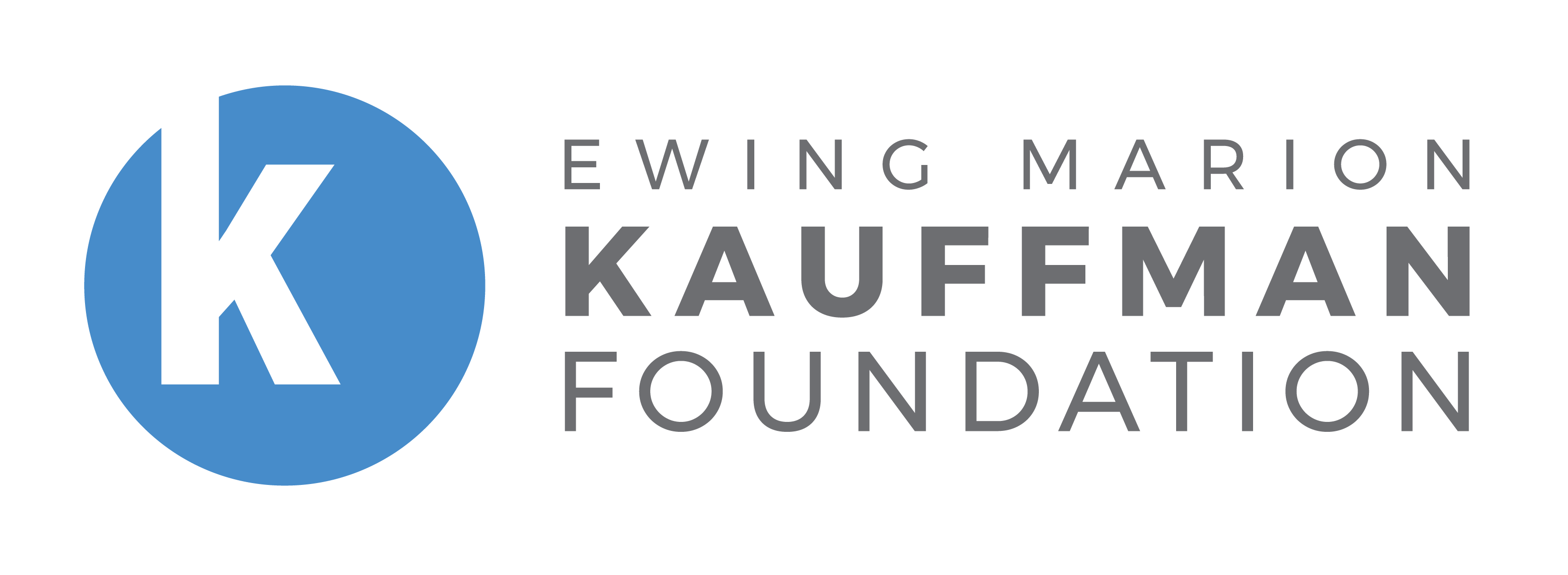 Logo of the Ewing Marion Kauffman Foundation with a blue circle containing a white "K" and the foundation's name in gray text, symbolizing opportunities for scholarships and jobs.