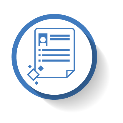 Blue icon of a document with a profile picture and text lines, encircled by a blue border with sparkles, symbolizing scholarship opportunities.