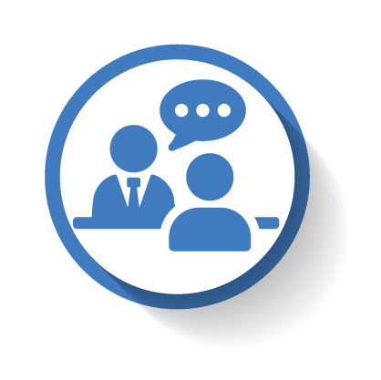 Icon showing two people conversing, one in a suit and tie with a speech bubble above their head. The icon is blue and white with a shadow effect, symbolizing career discussions and job aspirations.