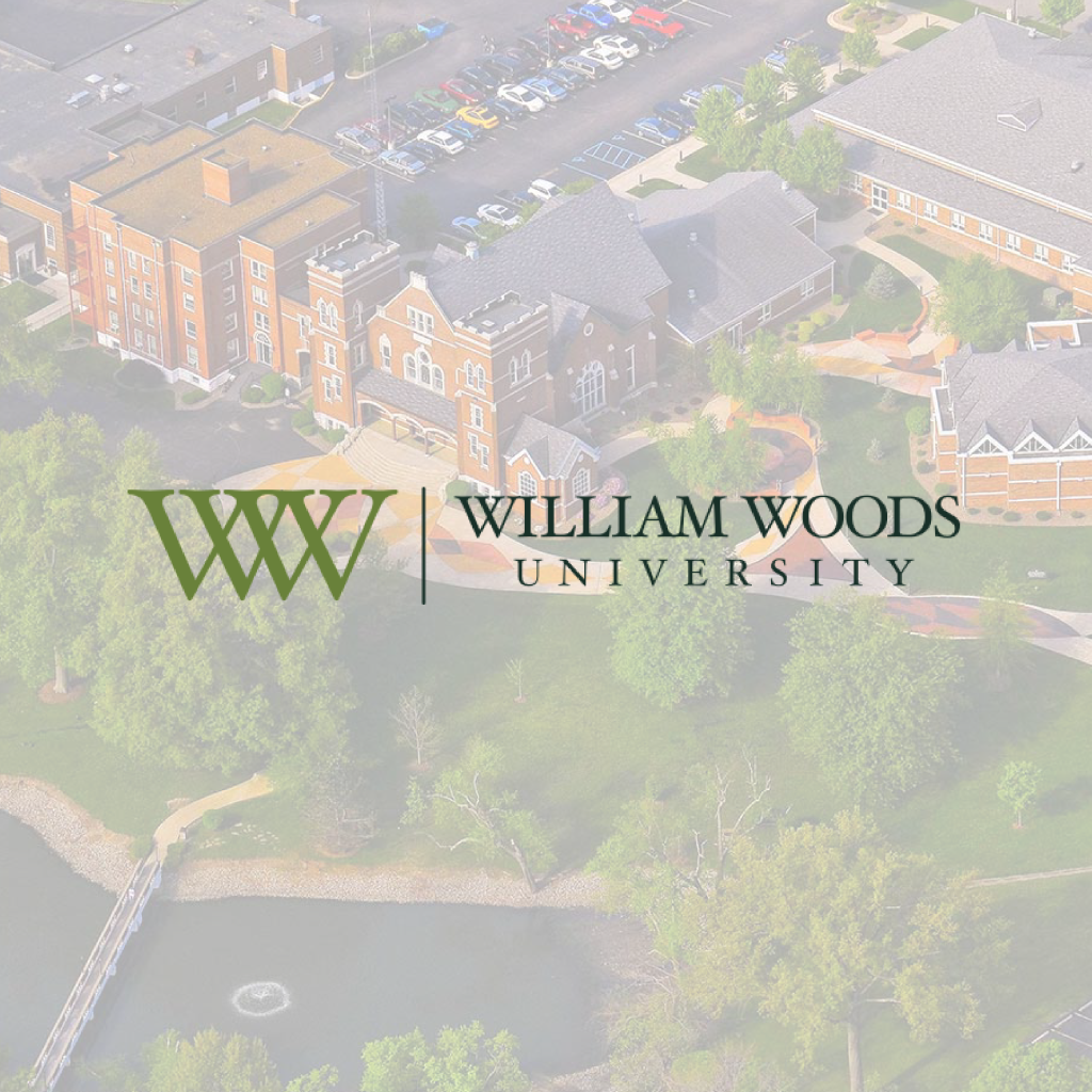 Aerial view of William Woods University campus buildings and landscape with logo superimposed in the center, highlighting opportunities for careers and academic growth.