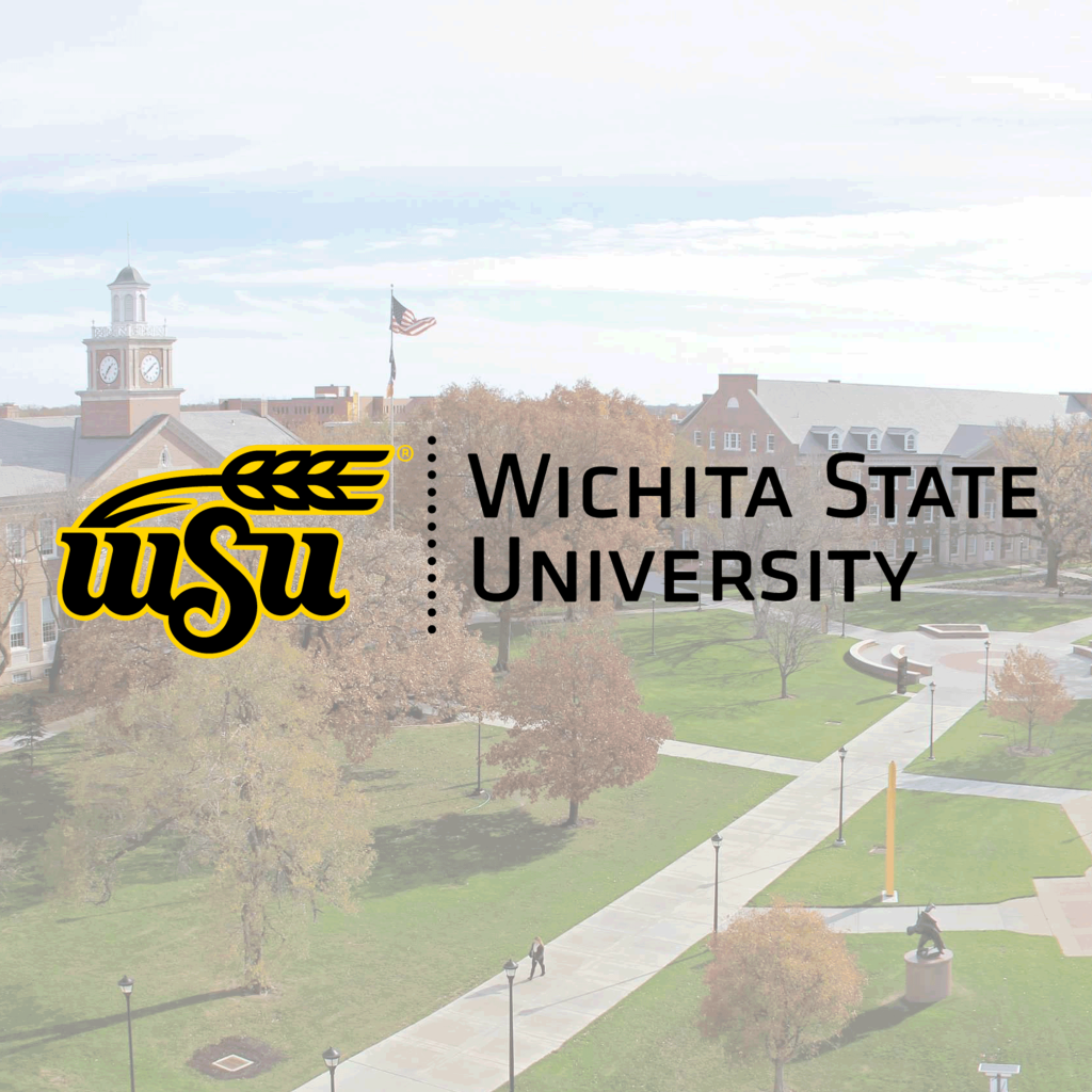 Aerial view of Wichita State University's campus with buildings, walkways, and green spaces. Wichita State University's logo and name are overlaid on the image.