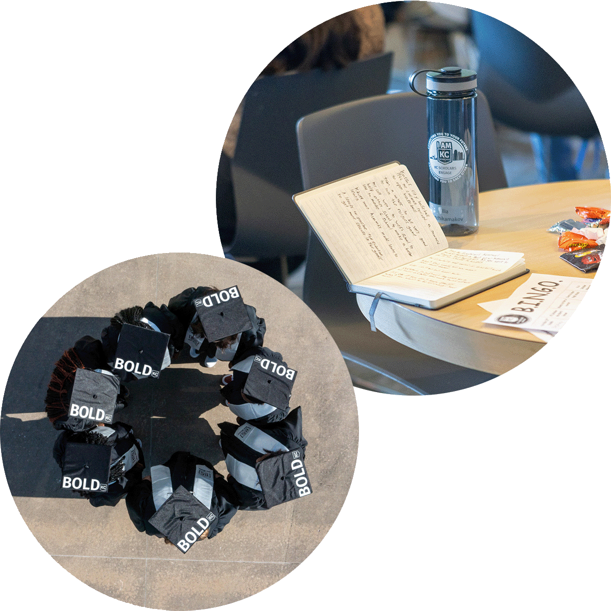 Top: Notebook, water bottle, and candies on a table. Bottom: Group of people sitting in a circle, each with a black bag labeled "BOLD," ready for an engaging education and training session.