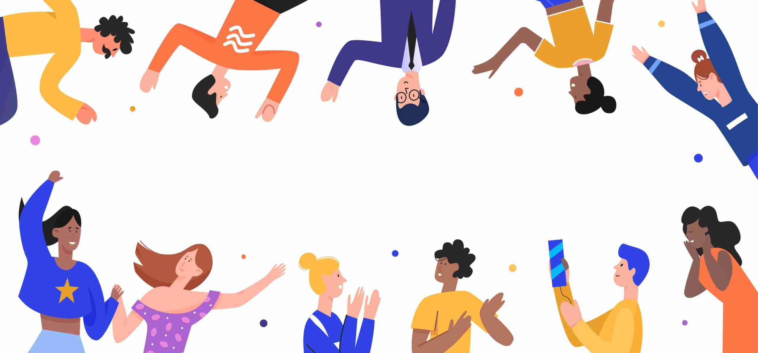 Illustration of diverse people celebrating, dancing, and clapping with confetti on a white background, forming a border around the image—perfect for themes related to scholarships and opportunities.