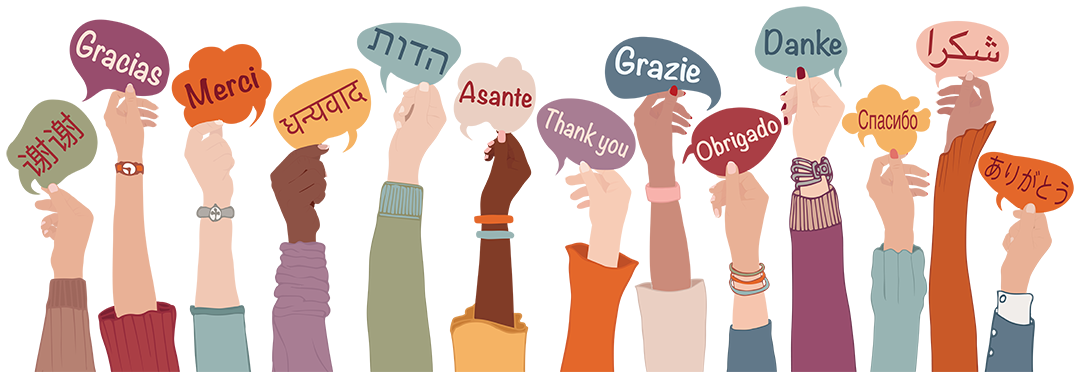 Illustration of raised hands with "thank you" written in different languages above each hand, celebrating the global impact of Support Our Scholars.