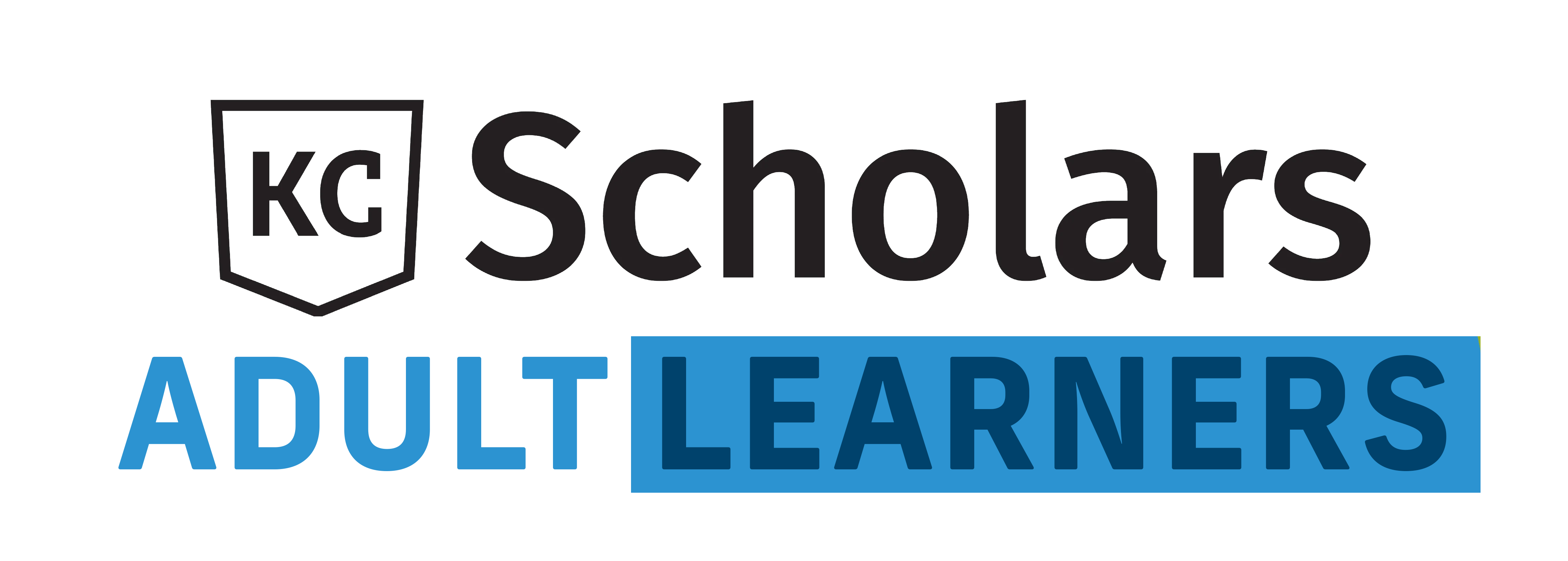 KC Scholars Adult Learners logo with "KC" in a shield, "Scholars" in black, "ADULT" in light blue, and "LEARNERS" in dark blue, representing scholarships and opportunities for adult learners.