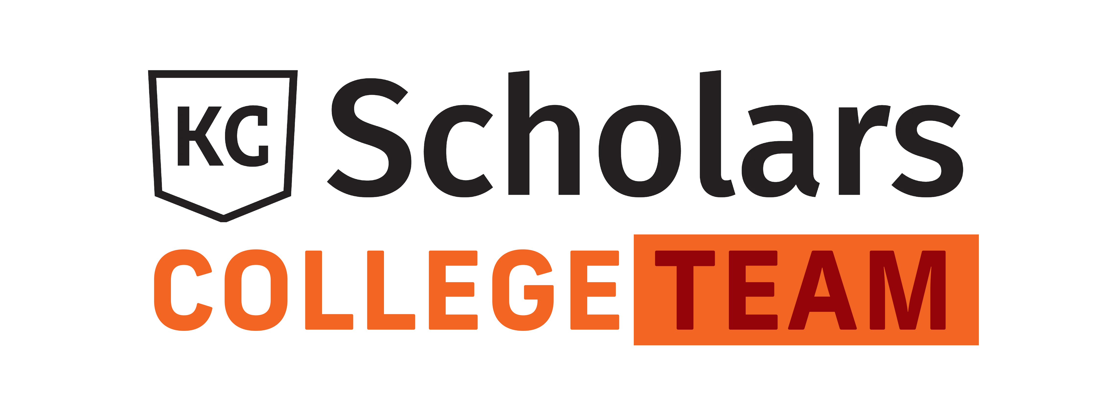 KC Scholars College Team logo featuring "KC Scholars" in black text and "COLLEGE TEAM" in vibrant orange and red blocks below, highlighting scholarships and opportunities for students.