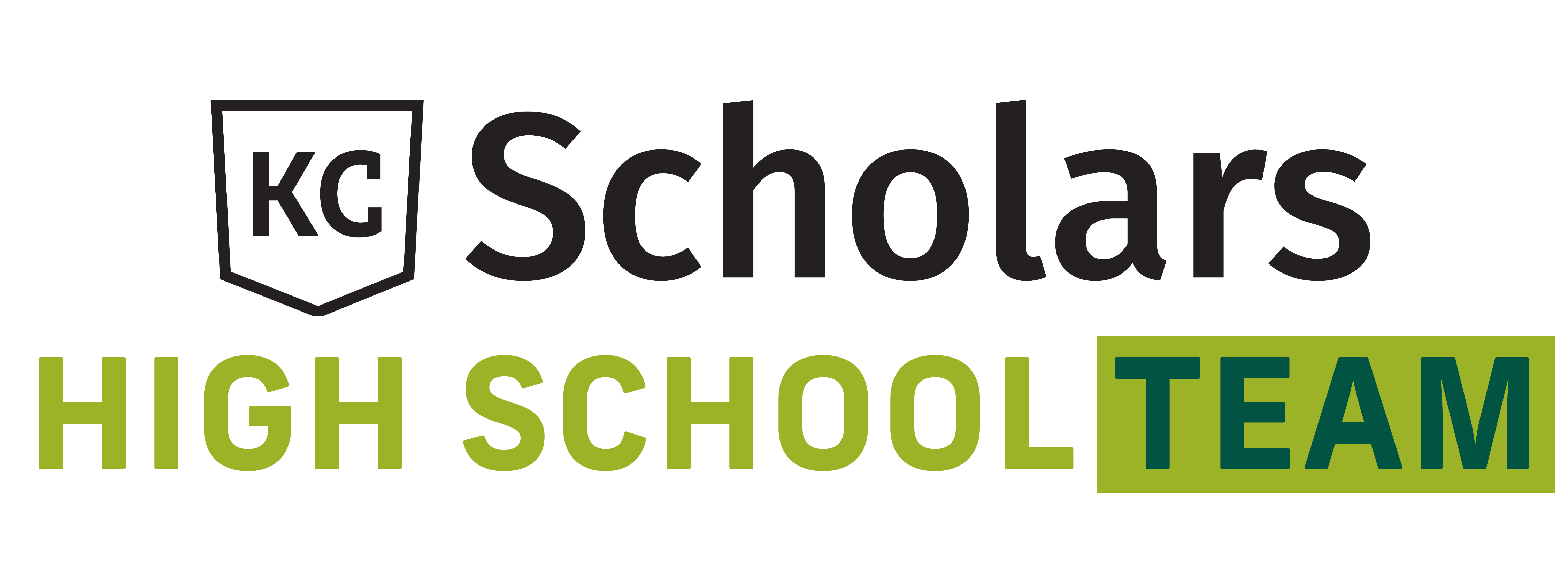 KC Scholars High School Team logo with "KC Scholars" in black and "HIGH SCHOOL TEAM" in green and teal block letters below, representing scholarships and opportunities for students.