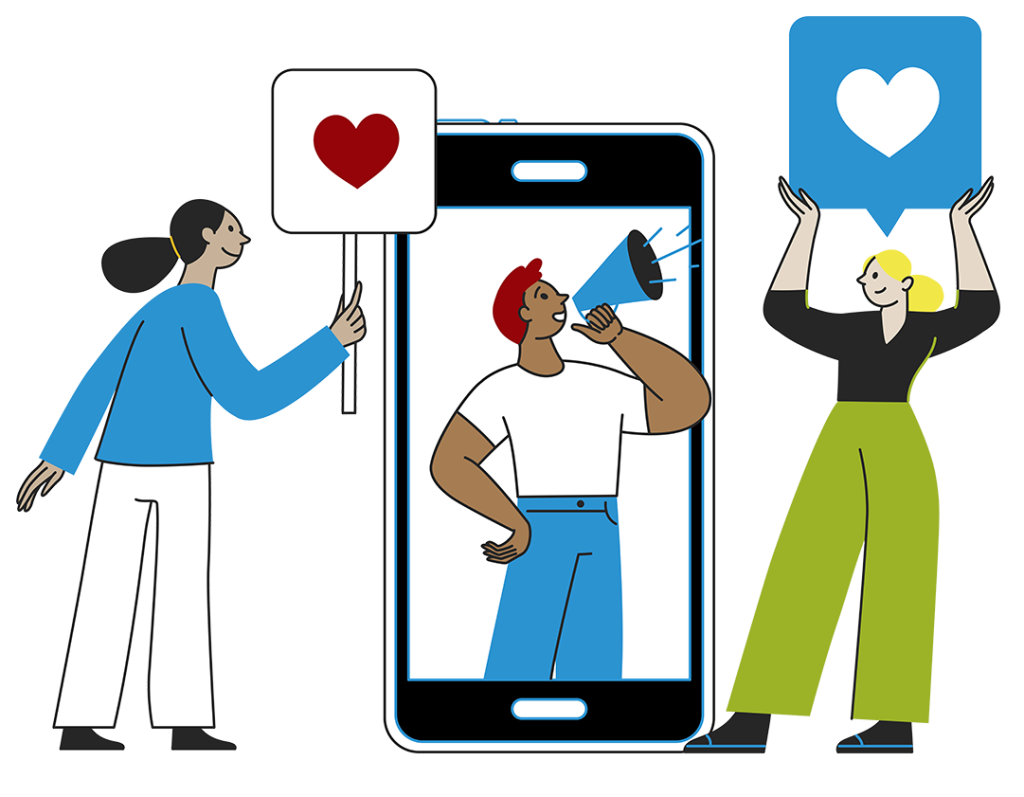 Three illustrated people with heart icons interact around a large smartphone; one person inside the phone holds a megaphone, highlighting the message to Support Our Scholars.
