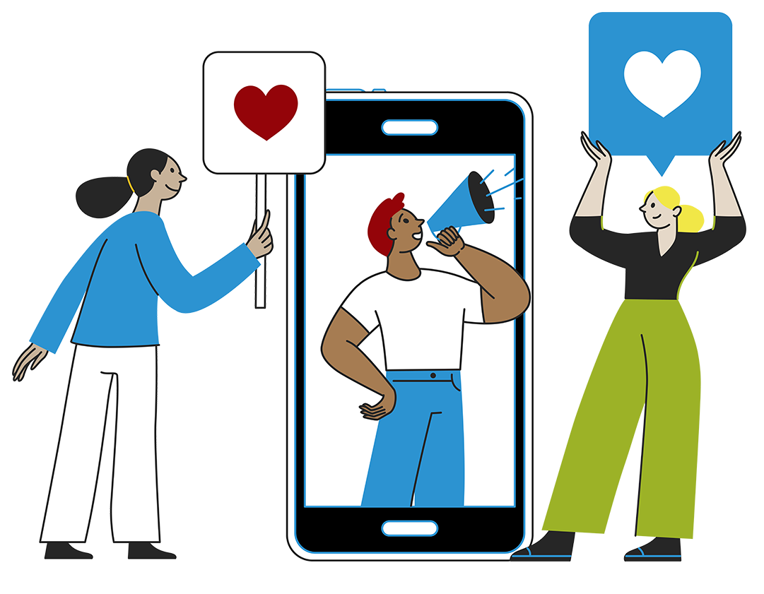 Three illustrated people with heart icons interact around a large smartphone; one person inside the phone holds a megaphone, highlighting the message to Support Our Scholars.