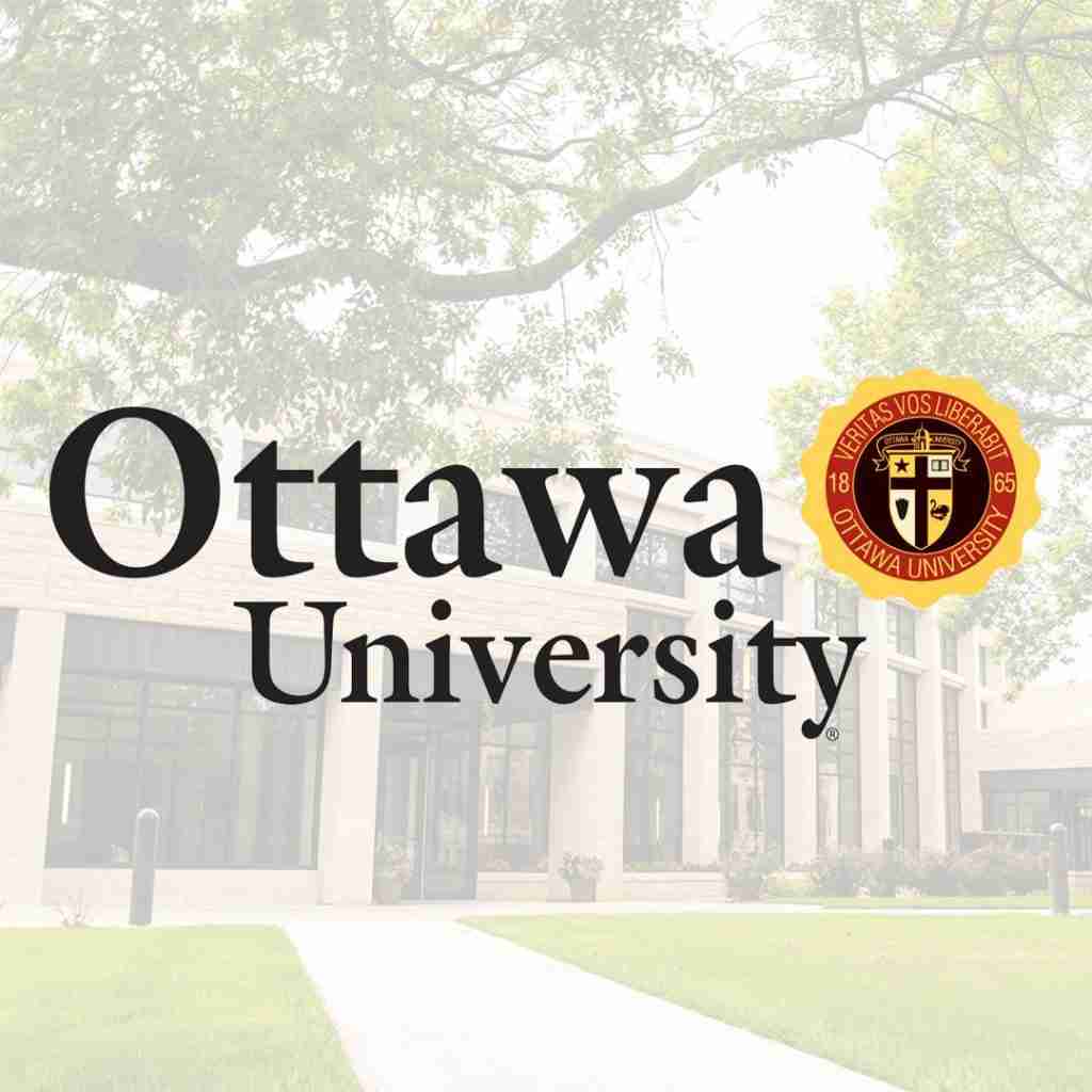Ottawa University logo and crest displayed over a background image of a campus building and trees.