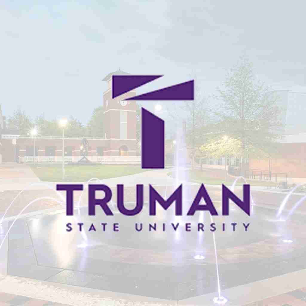 Truman State University logo overlaid on an outdoor campus scene with fountains, trees, and a brick building in the background.