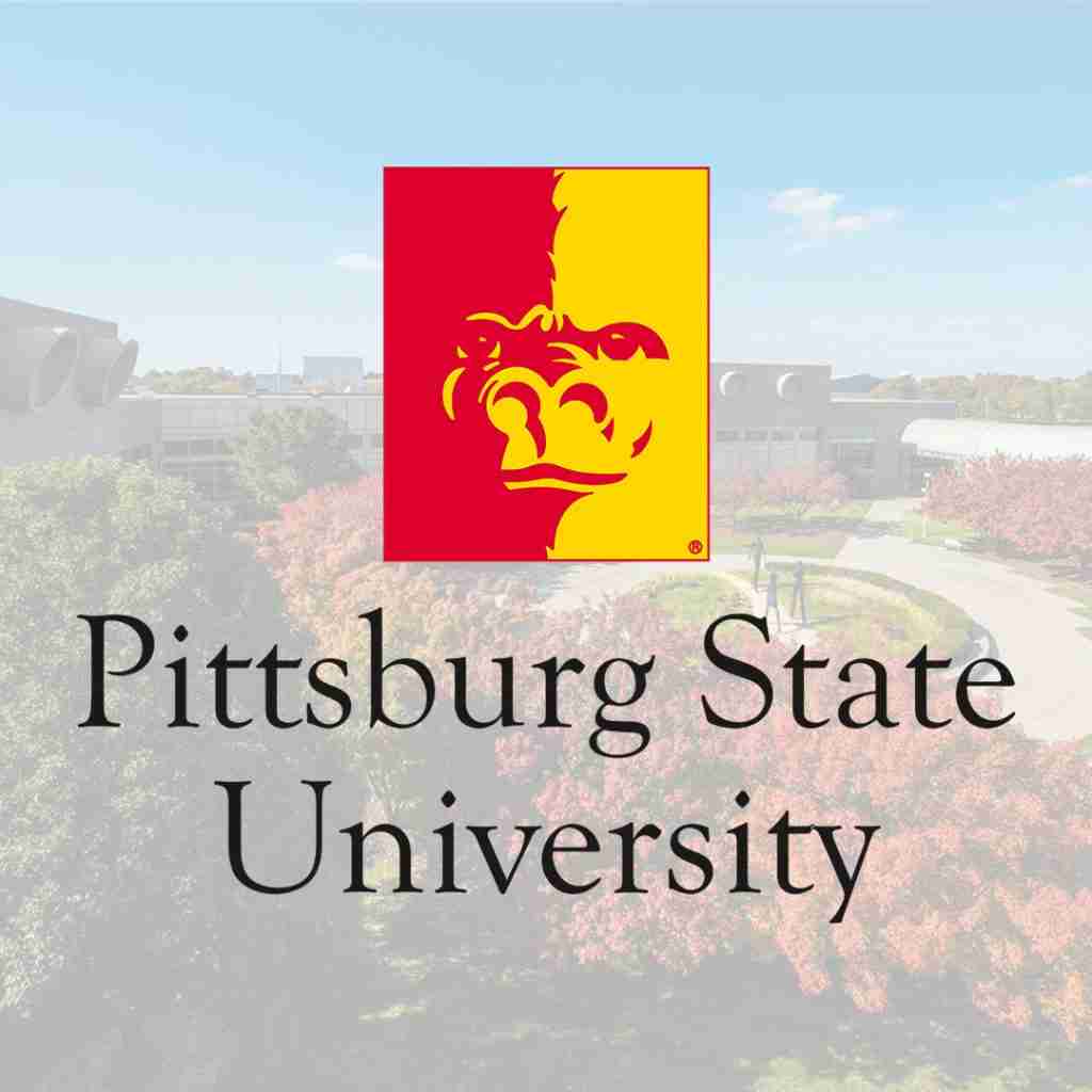 Pittsburg State University logo featuring a red and yellow gorilla face above the university name, with campus buildings and trees in the background.