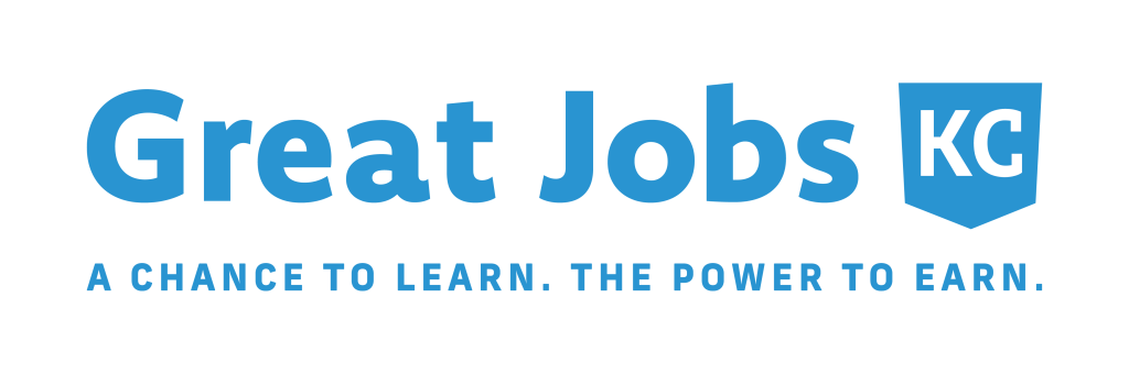 The image displays the "Great Jobs KC" logo with the tagline "A chance to learn. The power to earn." in blue text on a transparent background, highlighting opportunities for alumni success.