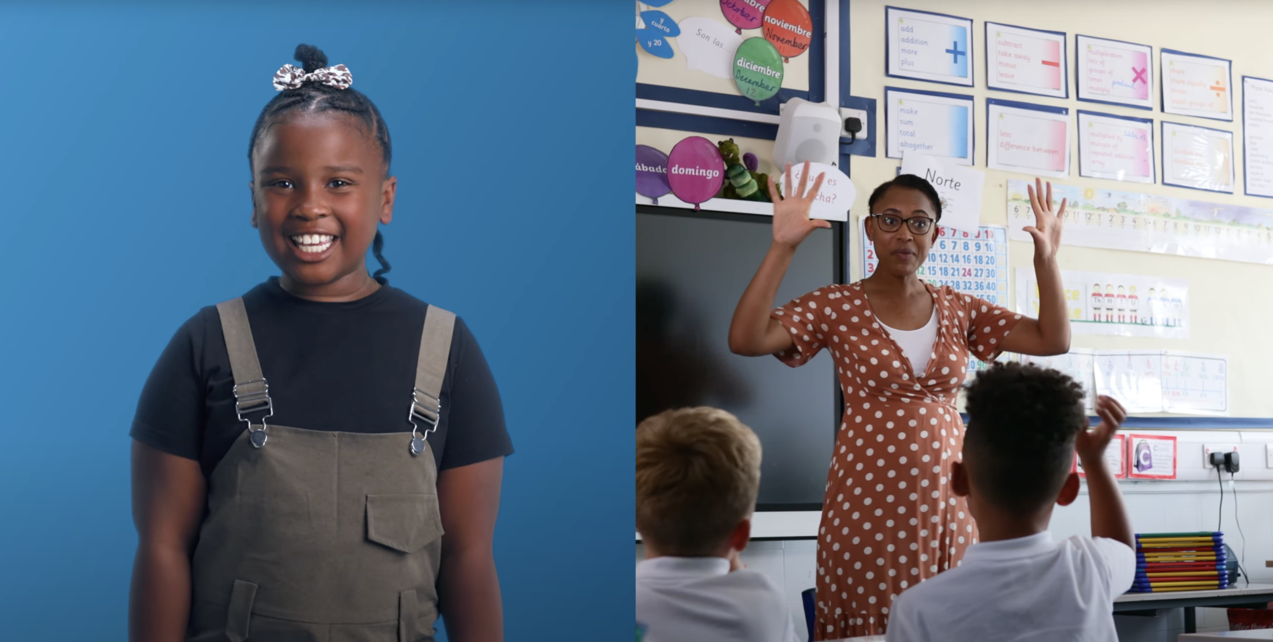 A smiling child stands against a blue background on the left; on the right, a teacher gestures to students in a classroom decorated with educational posters—showcasing how Building a Stronger KC starts with education.