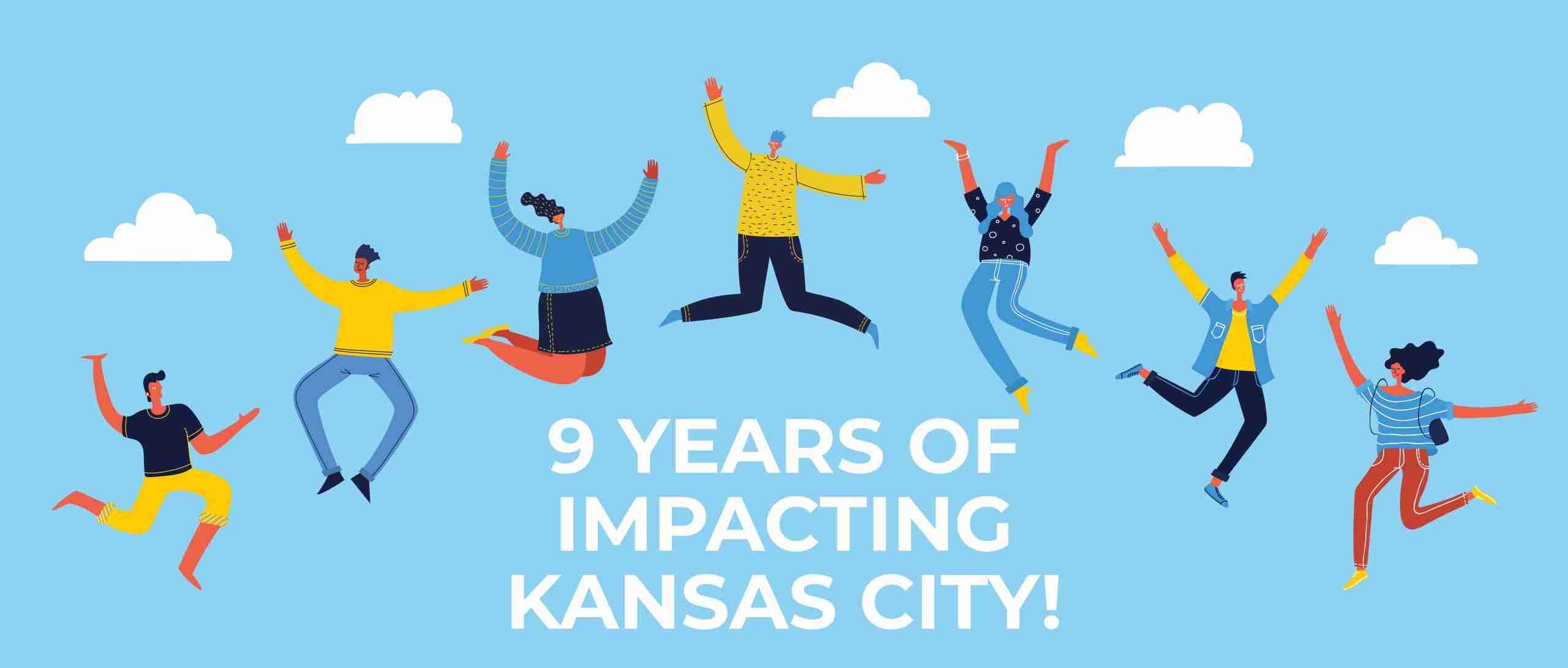Illustration of six people jumping with arms raised above white text that reads "9 Years of Impacting 2000 Scholars in Kansas City!" against a blue sky background with clouds.