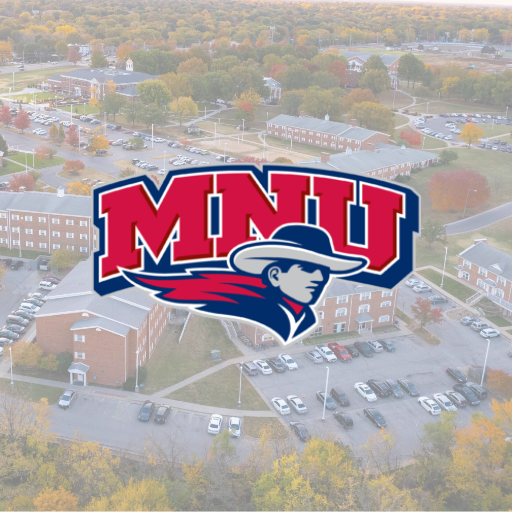 Aerial view of a college campus with fall foliage, overlaid with the MNU logo featuring bold red letters and a stylized figure in a cowboy hat.
