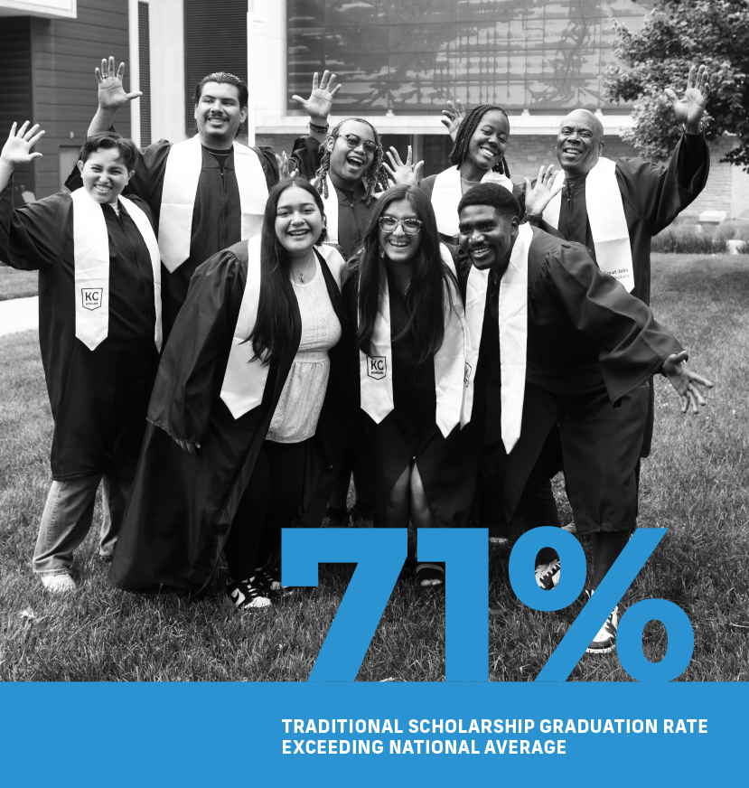 A group of eight graduates in gowns and stoles pose cheerfully outdoors; overlay text highlights the "71% Traditional Scholarship Graduation Rate" featured in our annual report, exceeding the national average.