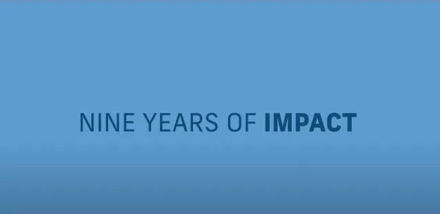 Blue background with the words "NINE YEARS OF IMPACT" in bold, dark blue text, celebrating achievements made possible by the Kauffman grant.