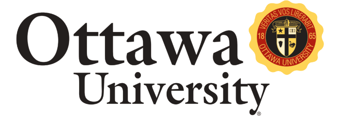 Ottawa University logo with the university name in black text and a gold and red seal featuring a crest and the words "Veritas Vos Liberabit Ottawa University 1865.