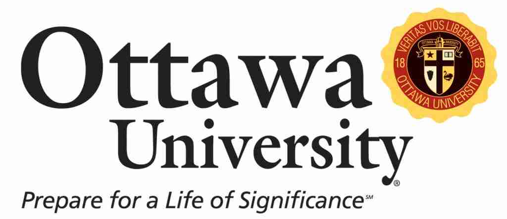 Ottawa University logo with crest and motto "Prepare for a Life of Significance," highlighting achievements like the Kauffman grant.