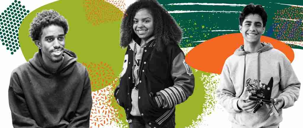 Three teenagers stand smiling; the first wears a hoodie, the second a letterman jacket, and the third a hoodie while holding a robotics device—colorful shapes in the background suggest they're ready to launch your future together.