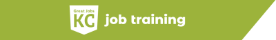 A green banner with a white shield icon that says “Great Jobs KC” next to the words “job training” in bold white text, highlighting the program’s impact in the recent annual report.