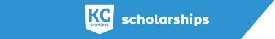 Blue banner with "KC Scholars" shield logo on the left and the word "scholarships" in bold white text on the right, highlighting details from the annual report.