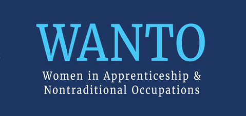 Blue banner with icons of tools, a badge, and a gear, displaying the text: "WANTO Women in Apprenticeship & Nontraditional Occupations," honoring the MLK economic justice legacy in Kansas City.