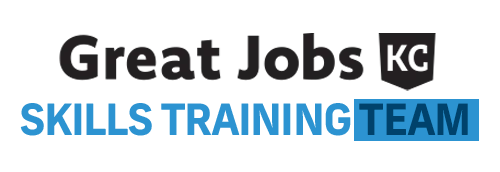 Logo with the text "Great Jobs KC" in black and "SKILLS TRAINING TEAM" in blue, with "KC" and "TEAM" highlighted. Features a mention of a $50 scholarship opportunity.