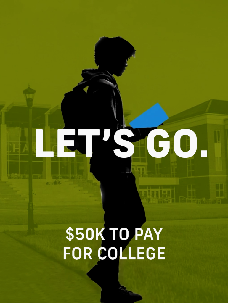 Silhouette of a psychology student with a backpack and folder, standing in front of a school building with the text "LET'S GO. $50K TO PAY FOR COLLEGE. Perfect for those interested in global learning or study abroad experiences.