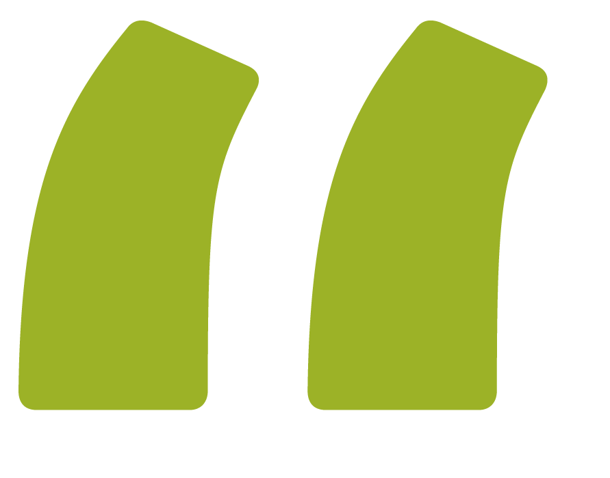 Large green quotation marks on a light gray background, perfect for use in a press kit or media materials.