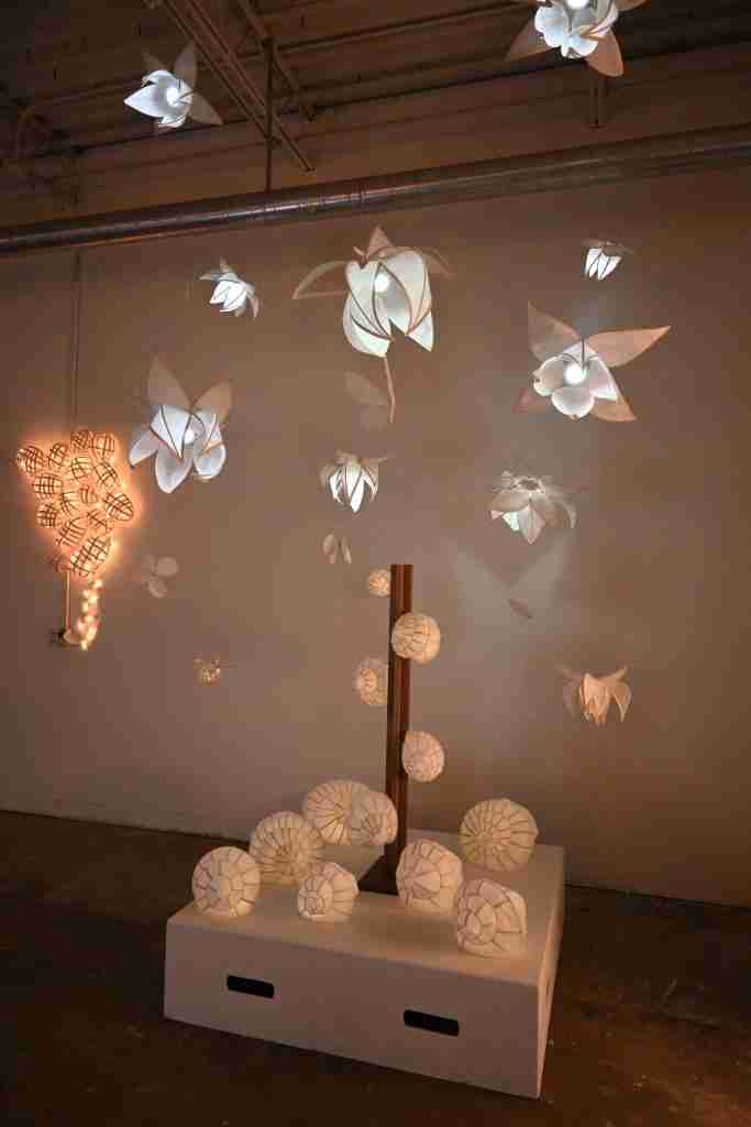 A variety of white, illuminated paper sculptures and hanging forms resembling flowers and insects are displayed in an indoor gallery setting, inspiring creativity like an 11th-Grade College Scholarship competition.