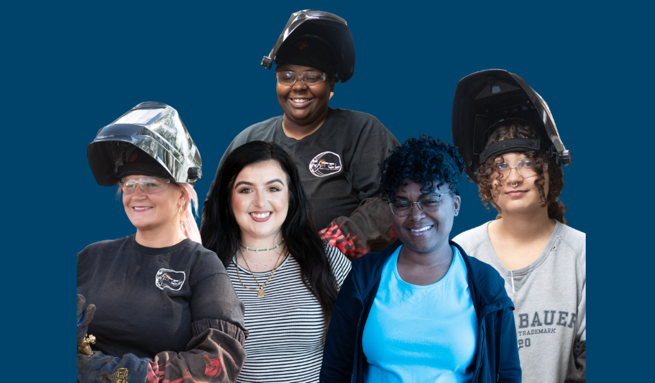 Five women pose together against a blue background; three wear protective welding gear—reflecting their journey as 2026 adult learners—while two are in casual clothing, all smiling at the camera.