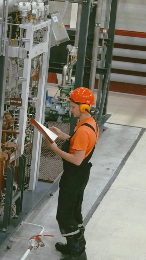 A worker in protective gear and a red helmet, similar to the vigilance of a CNA, checks a clipboard while inspecting industrial machinery in a factory setting.