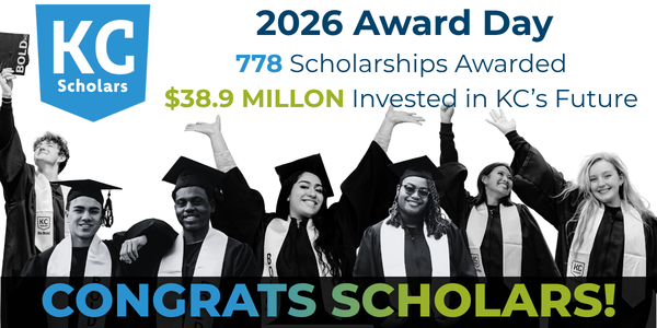 A group of graduates in caps and gowns celebrate. Text reads: 2026 Award Day, 778 scholarships awarded, $38.9 million invested in KC’s future—including for the 2026 adult learner. Congrats Scholars!.