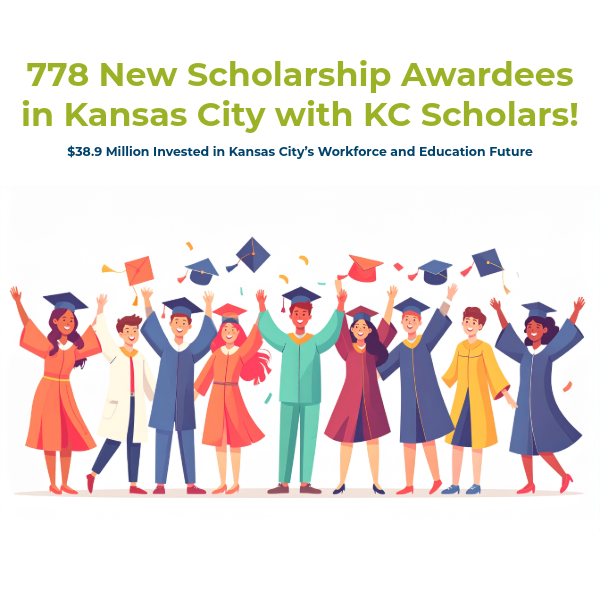 Illustration of diverse graduates in caps and gowns celebrating, with text announcing 778 new scholarship awardees in Kansas City—including 2026 adult learner recipients—and $38.9 million invested by KC Scholars.