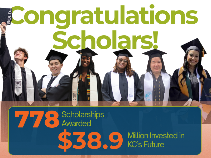 Five graduates in caps and gowns celebrate under the text "Congratulations Scholars! 778 Scholarships Awarded, $38.9 Million Invested in KC’s Future—empowering the class of 2026 and every adult learner.