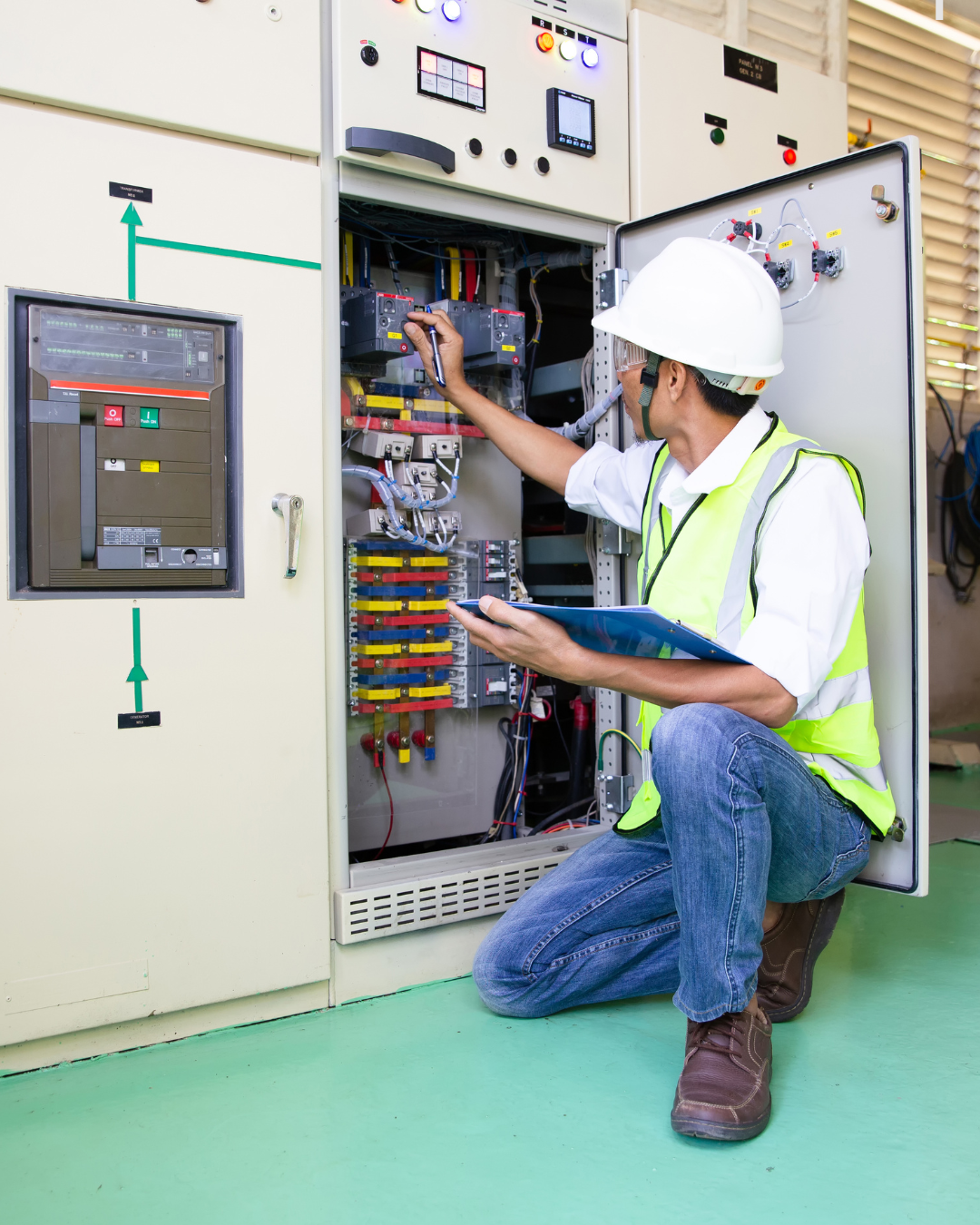 An electrical technician in a hard hat and safety vest inspects and records data from an open electrical control panel in an industrial setting.
