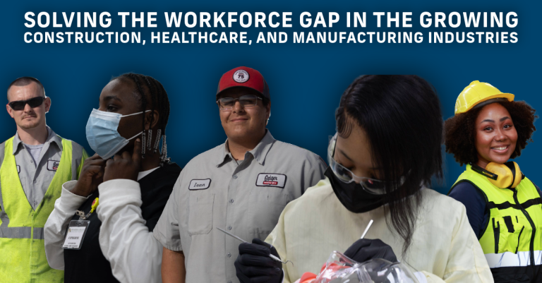 Five workers from construction, healthcare, and manufacturing stand in front of a blue background with text highlighting why workforce development is KC’s best investment for addressing gaps in these essential industries.