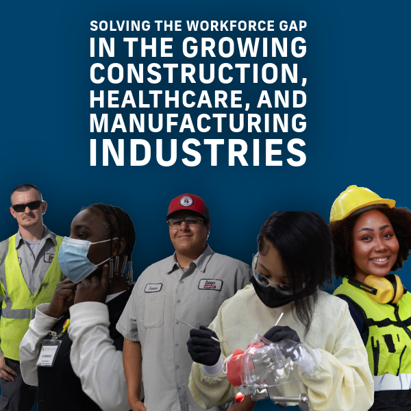 A diverse group of workers in construction, healthcare, and manufacturing gear stand in front of bold text about solving workforce gaps—showcasing why workforce development is KC’s best investment.