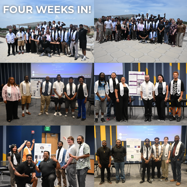 A collage shows groups of people at an event, some wearing white stoles, with the text "FOUR WEEKS IN!" in the top left corner and posters visible in indoor scenes, highlighting how our Scholars are learning and growing in our paid summer STEM program.